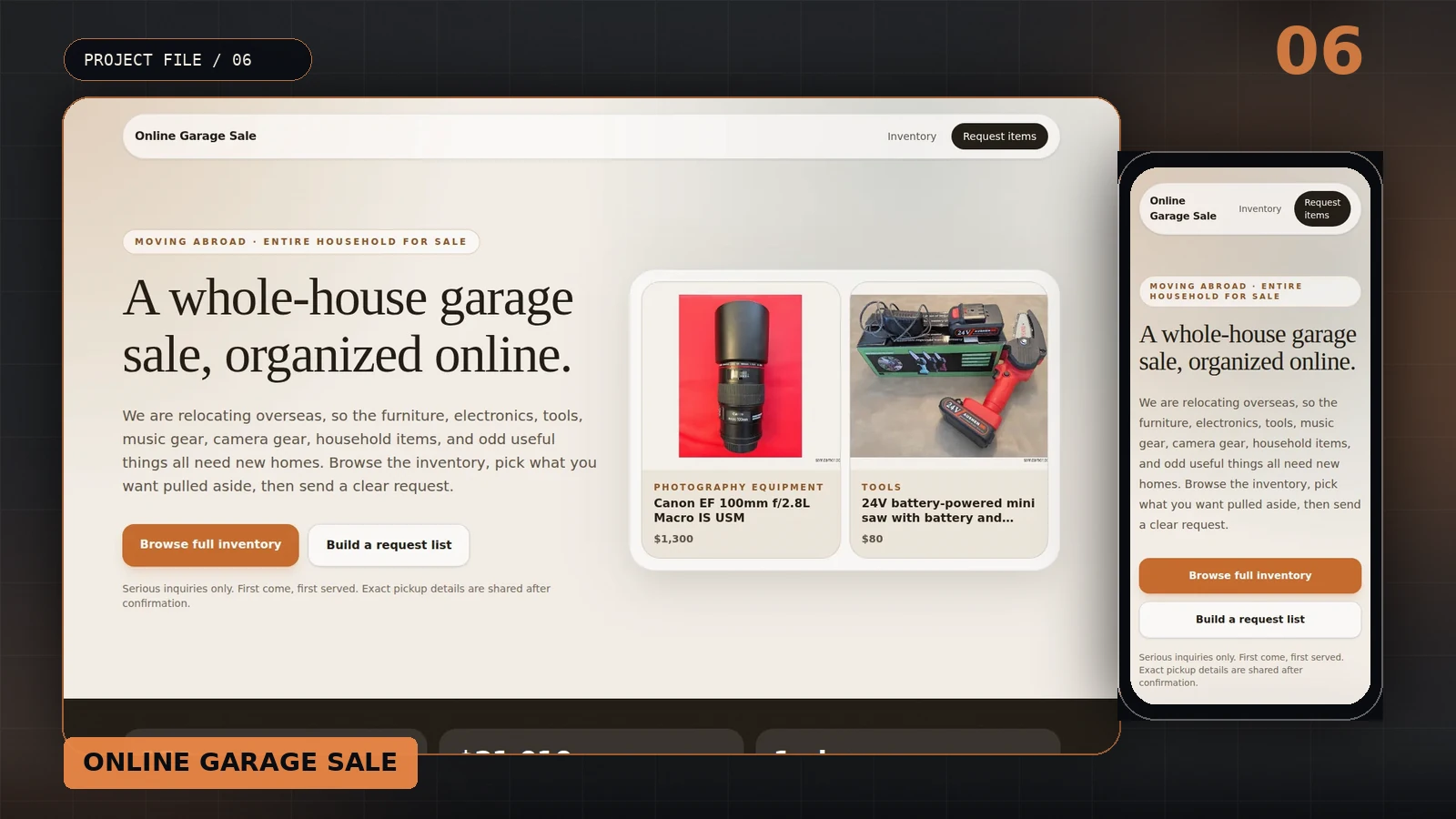 Online Garage Sale shown across desktop and mobile product views
