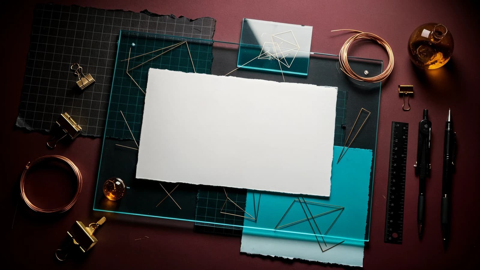 Abstract project archive with paper, drafting tools, glass, and copper wire