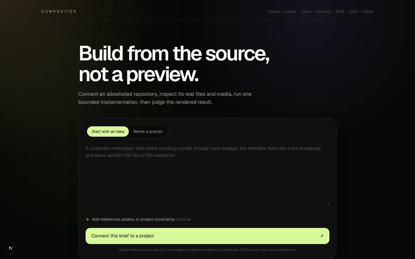 Compositor source-first build interface on desktop