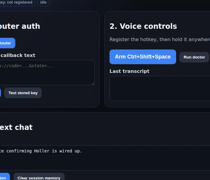 Holler OpenRouter auth and voice control panels