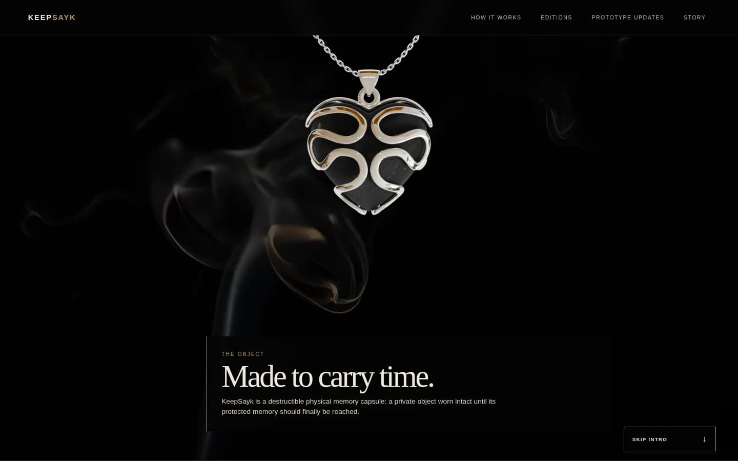 KeepSayk cinematic homepage with the locket visible above the Made to carry time story beat