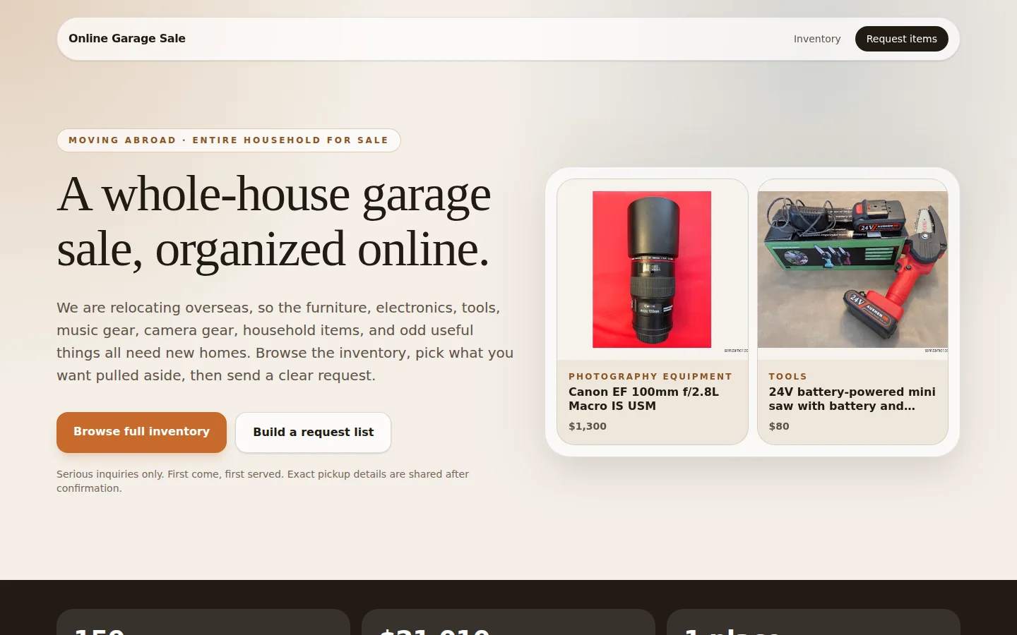 Online Garage Sale homepage showing a whole-house sale and featured inventory