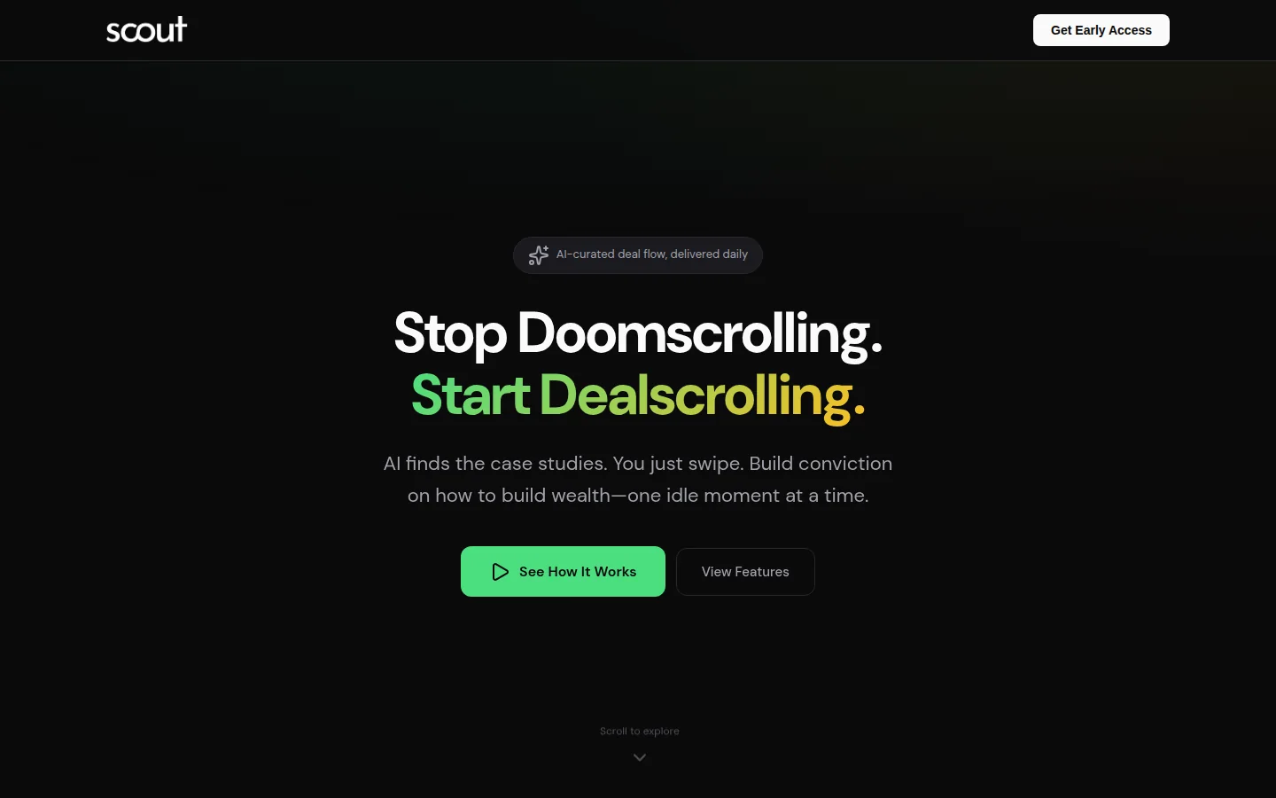 Scout landing page with Stop Doomscrolling Start Dealscrolling headline