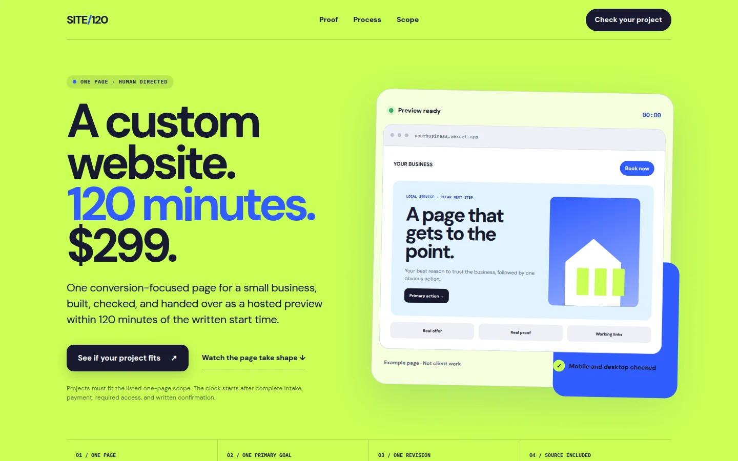 SITE/120 landing page showing the 120-minute website offer