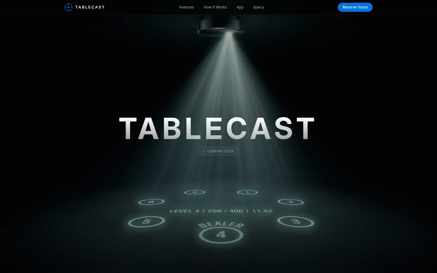 Tablecast hero showing a projector casting poker controls onto a dark table
