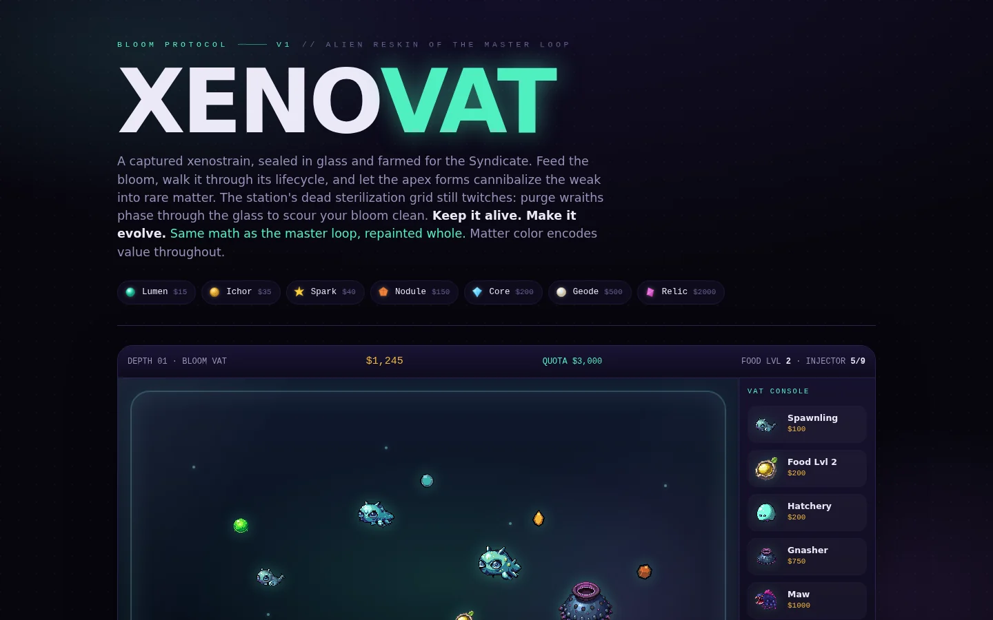 Xenovat Bloom Protocol production board showing the game loop and tank system