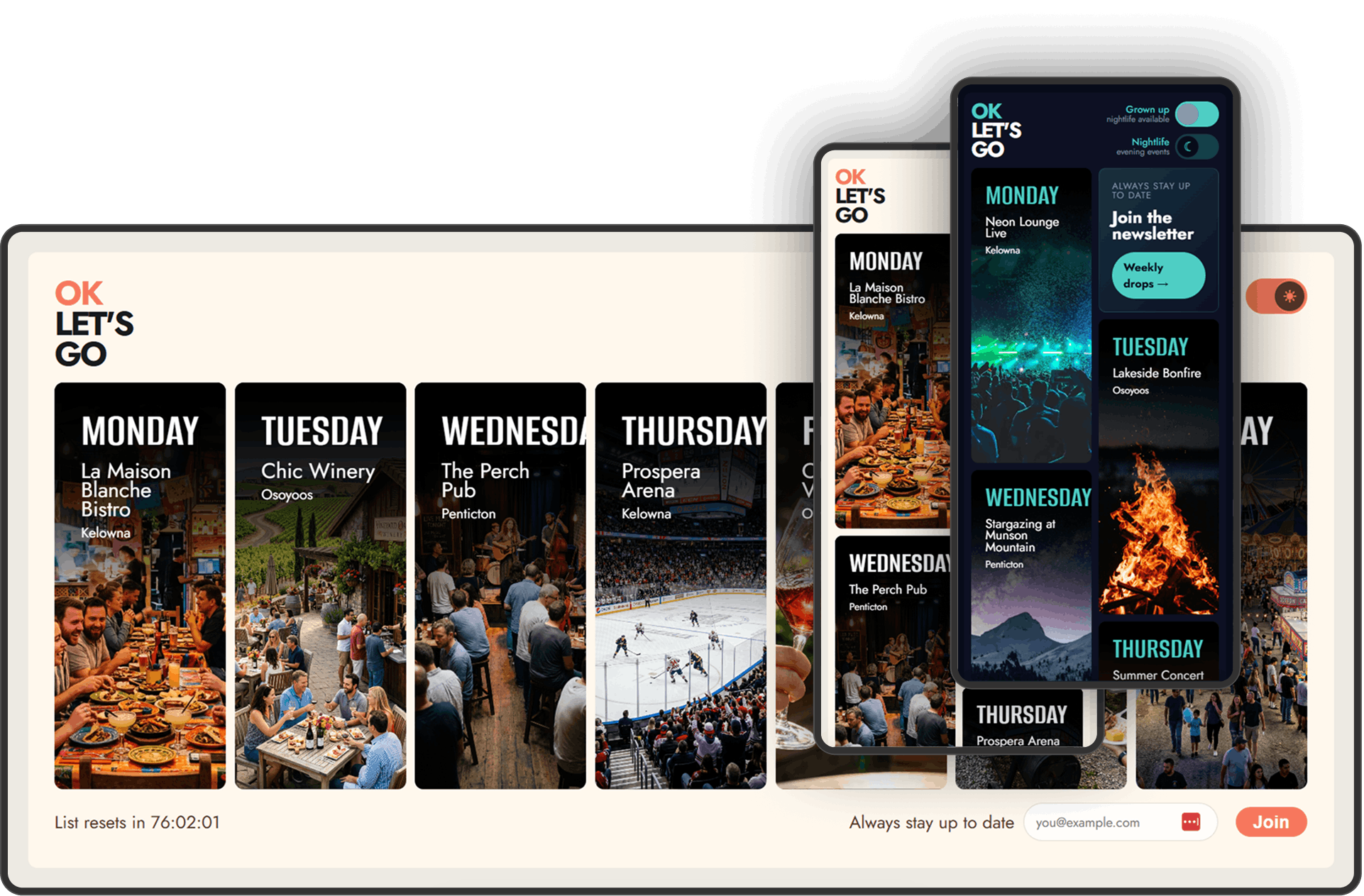 OKLetsGo weekly events guide displayed across desktop and mobile layouts